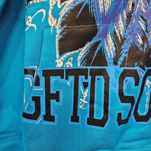 GFTD LA GFTD Souls Skull Feathers Crystals Blue Hoodie Size Medium - Picture 5 of 9